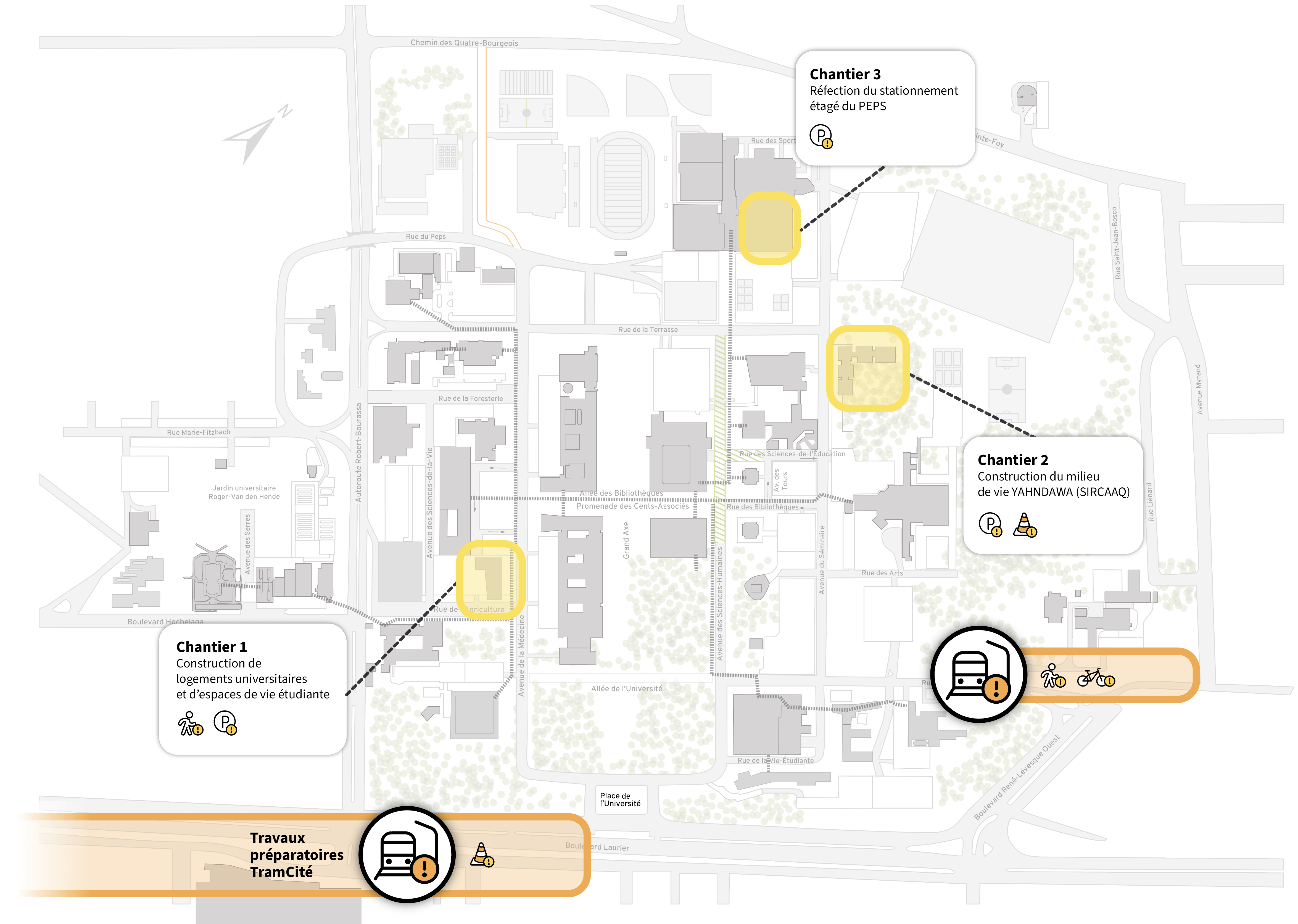 carte du campus avec localisation des entraves 